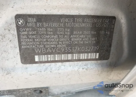 2007 BMW 328Xi z USA, uszkodzony, nr VIN WBAVC93537K032719